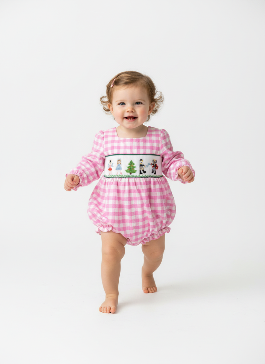 Girls Hand Smocked Nutcracker Pink and White Bubble