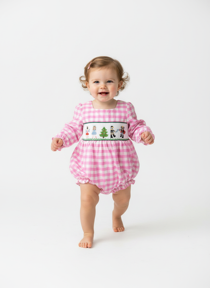 Girls Hand Smocked Nutcracker Pink and White Bubble