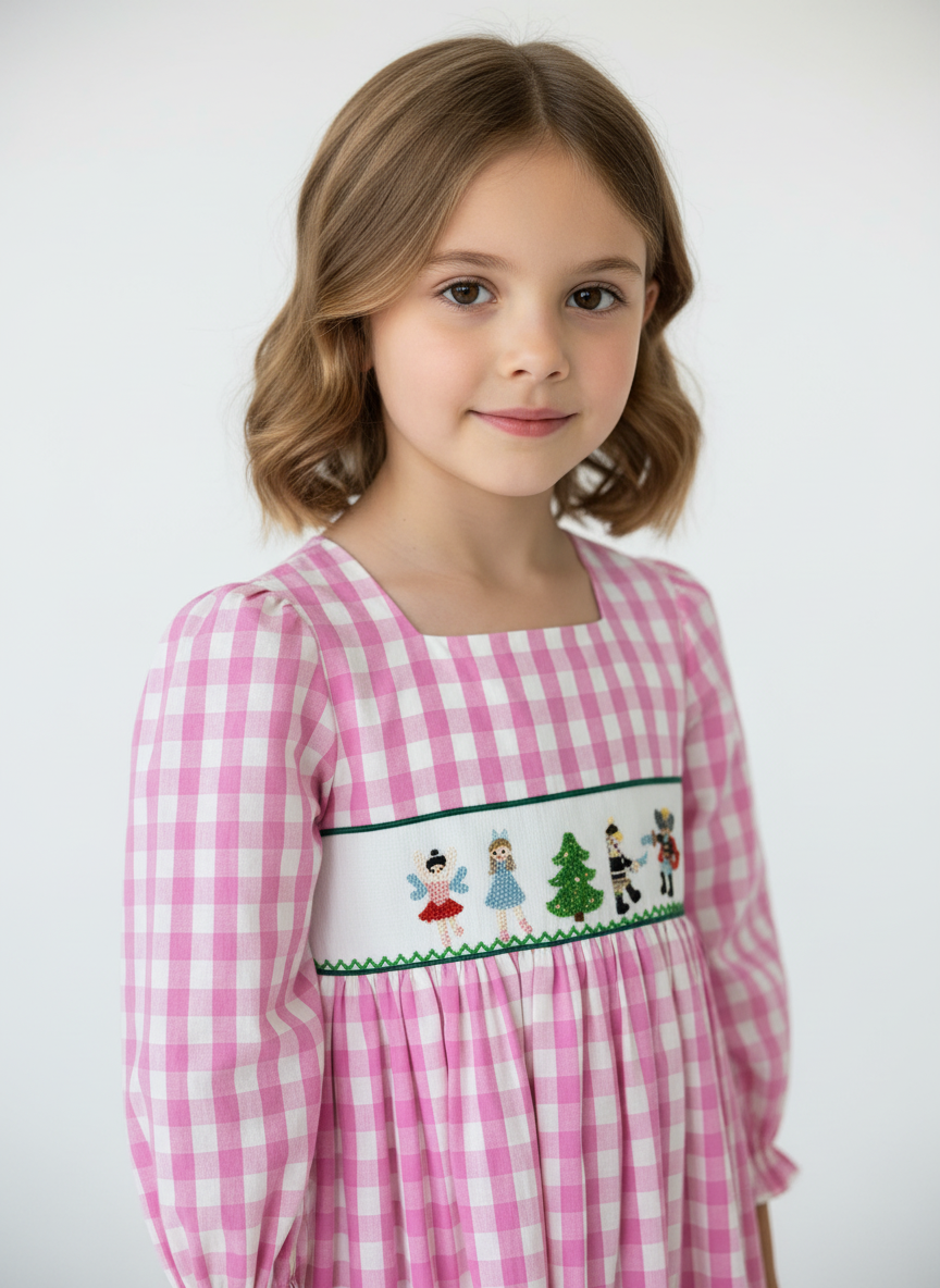 Girls Hand Smocked Nutcracker Pink and White Dress