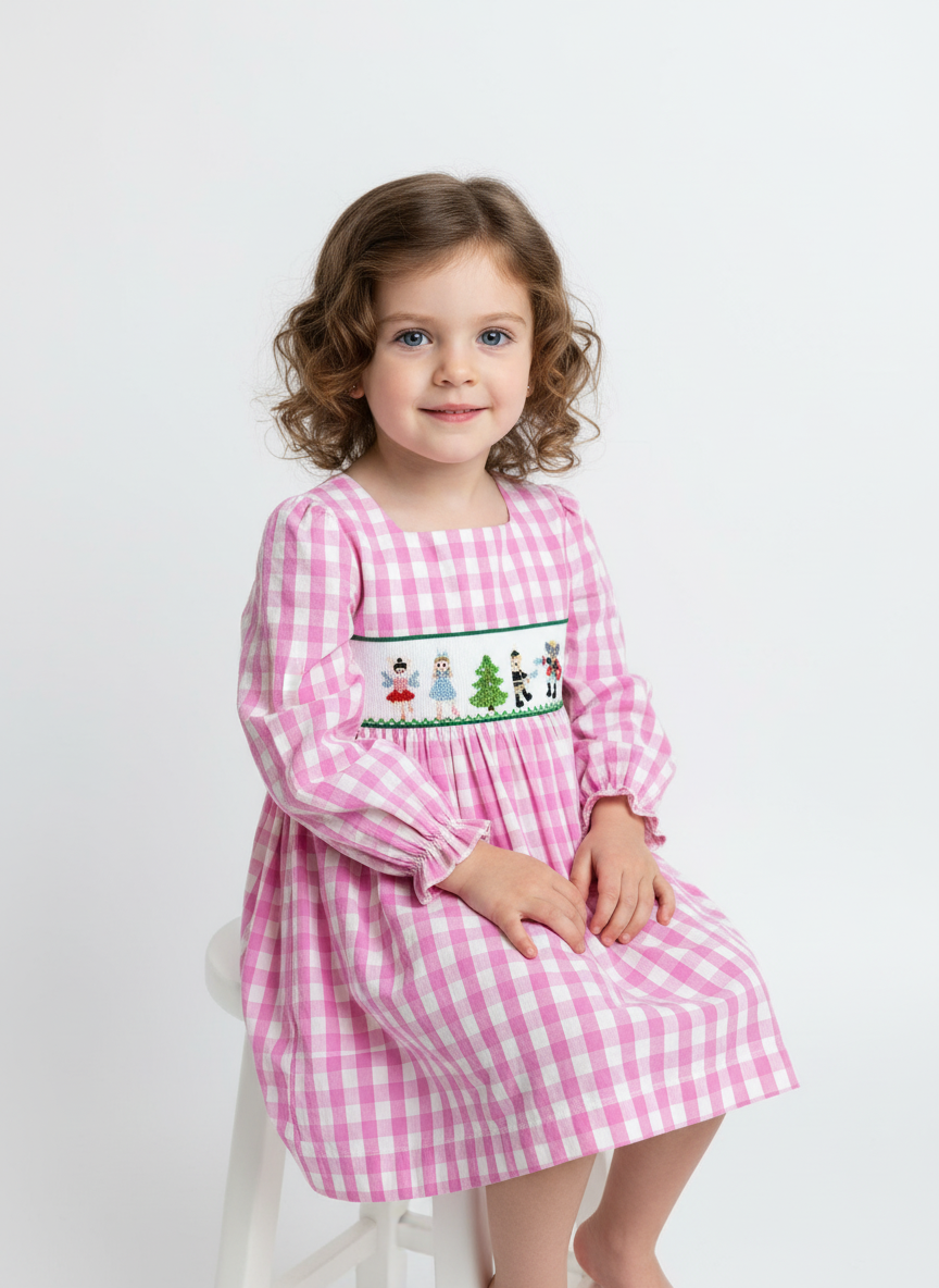 Girls Hand Smocked Nutcracker Pink and White Dress