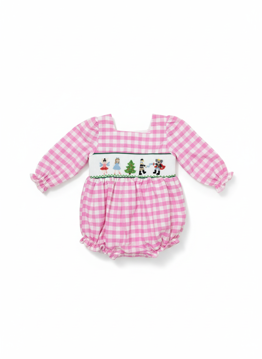 Girls Hand Smocked Nutcracker Pink and White Bubble