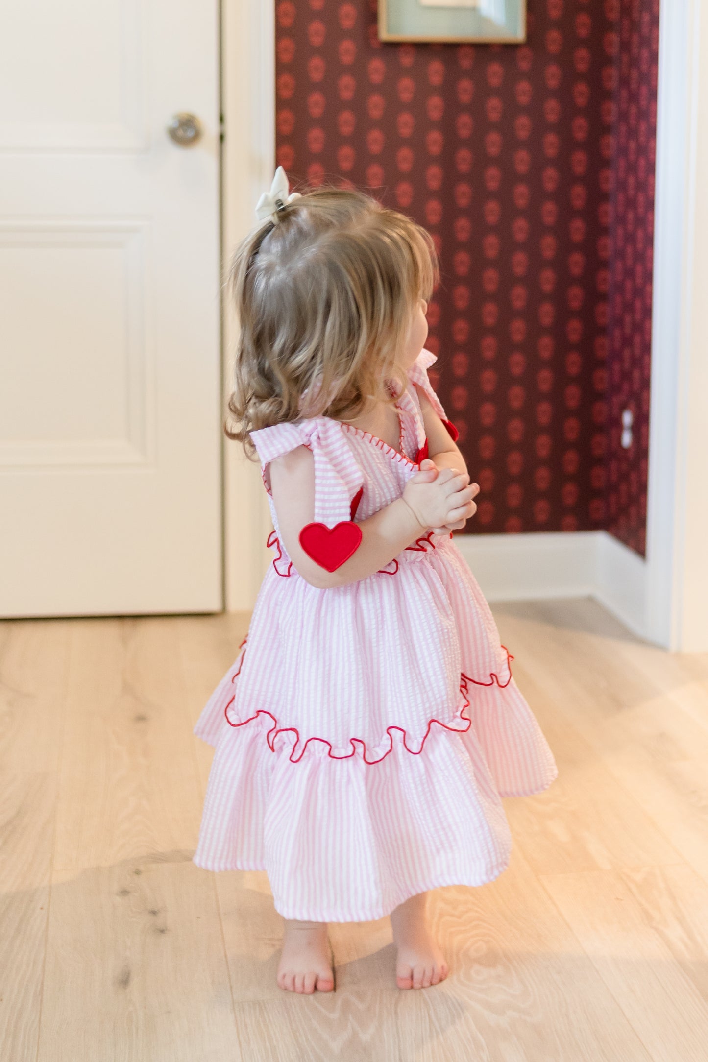 Valentine's theme in pale pink medium stripe dress