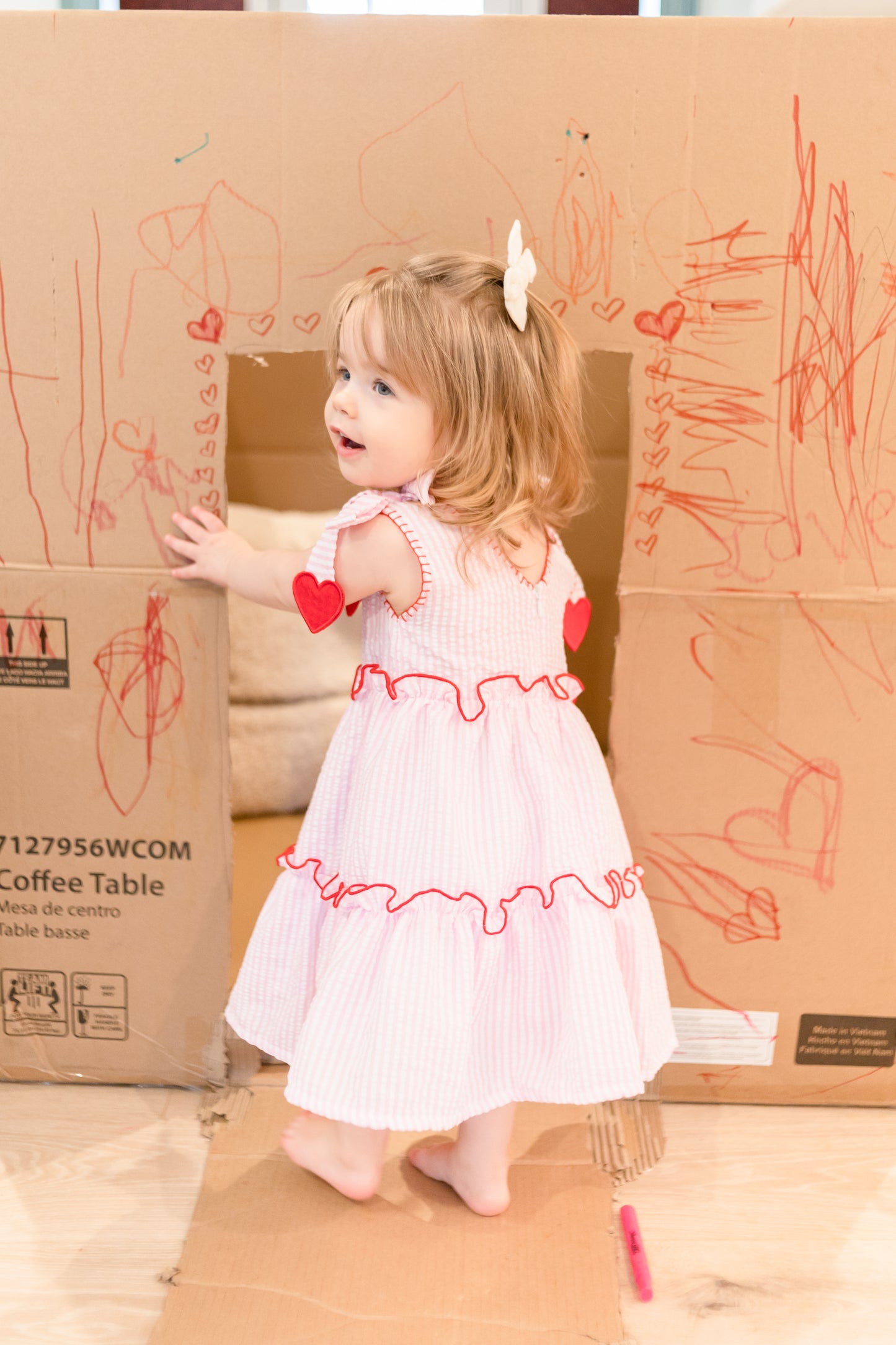 Valentine's theme in pale pink medium stripe dress