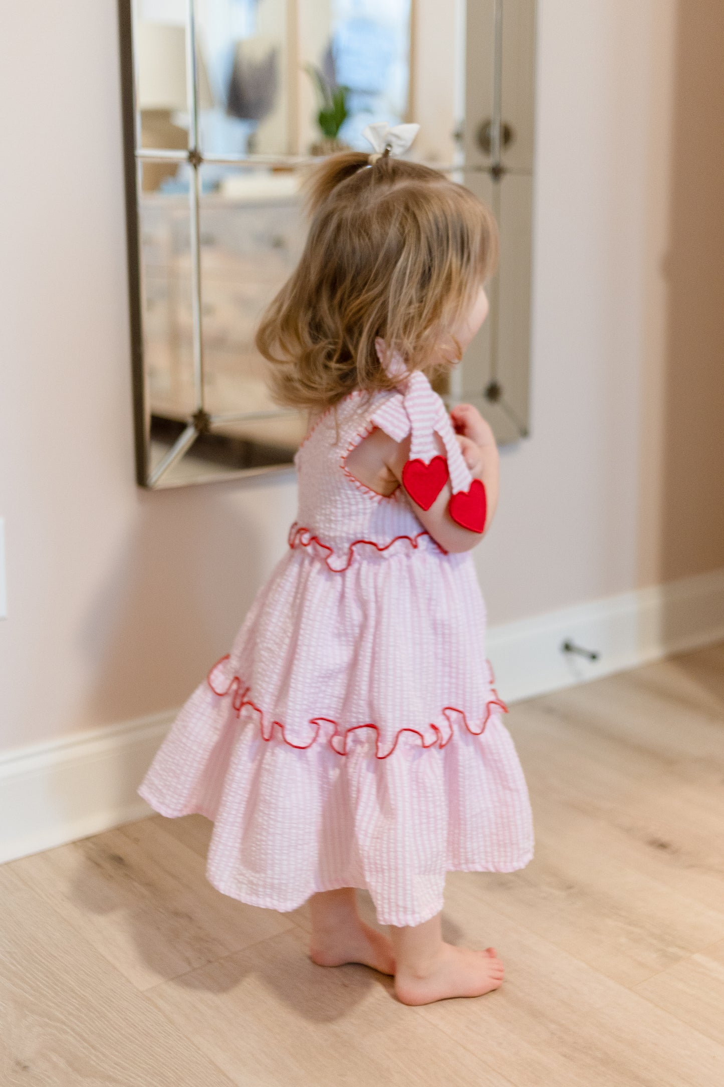 Valentine's theme in pale pink medium stripe dress