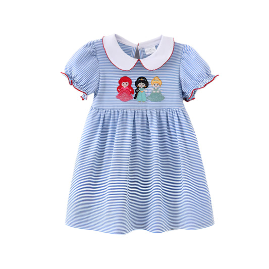 girls princess embroidery blue stripe dress