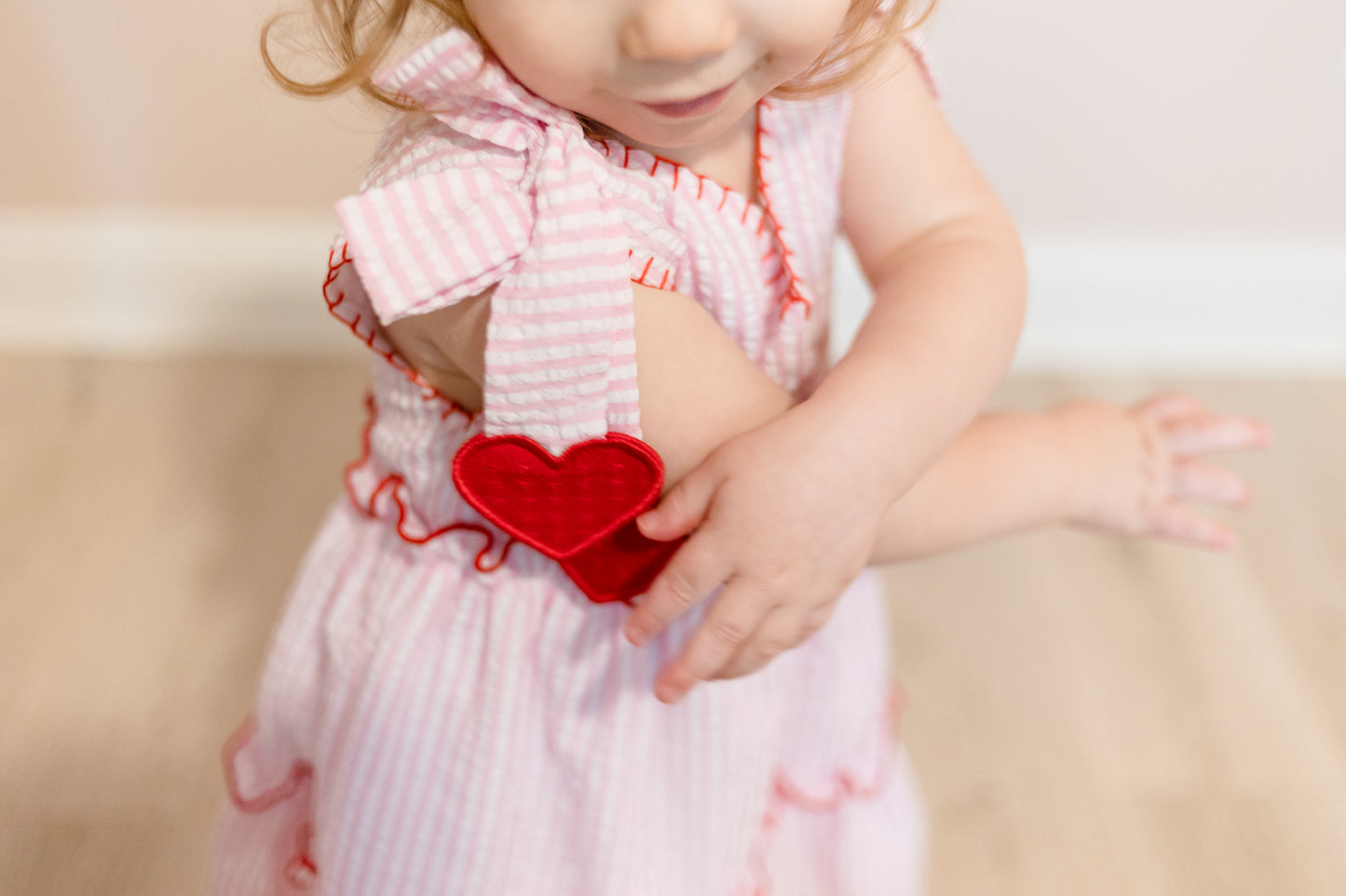 Valentine's theme in pale pink medium stripe dress
