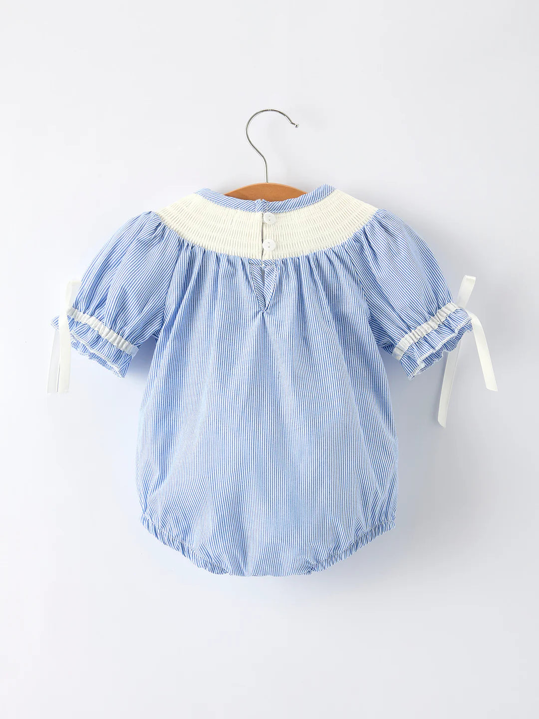 Baby Girls  Frozen Character Romper – Blue Striped Smocked Outfit with Short Sleeves