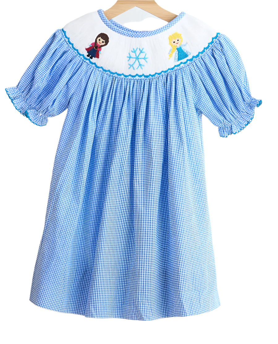 BLUE SNOW PRINCESS HAND SMOCKED GINGHAM DRESS