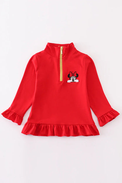 RED CHARACTER EMBROIDERY GIRL ZIPPER PULLOVER