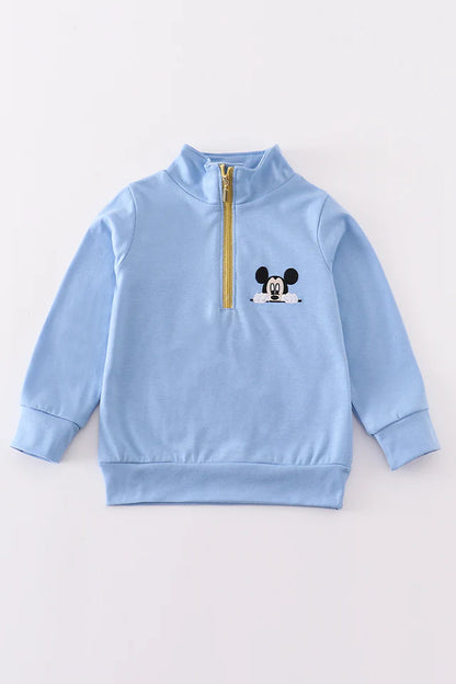 BLUE CHARACTER EMBROIDERY BOY ZIPPER PULLOVER