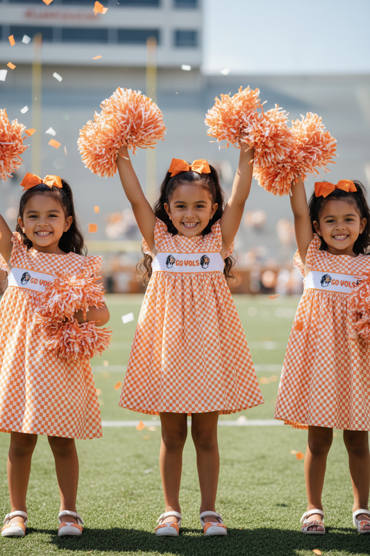 ORANGE TENNESSEE GO VOLS EMBROIDERY SMOCKED CHECKERED DRESS