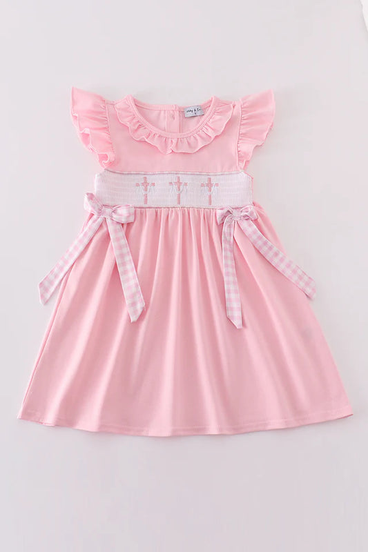 PINK EASTER CROSS EMBROIDERY SMOCKED GIRL DRESS