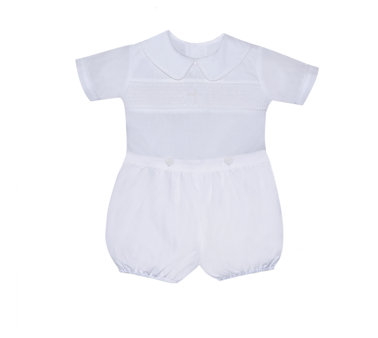 White Banks Button on Suit- White Handsmocked Cross
