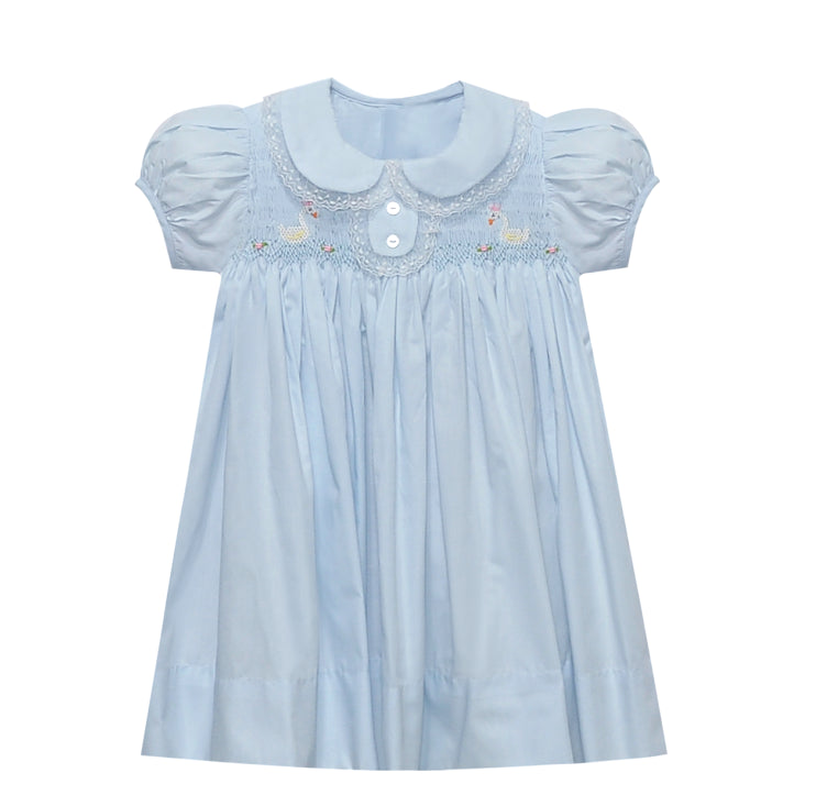 Swan smocked dress with lace trim