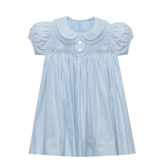 Swan smocked dress with lace trim