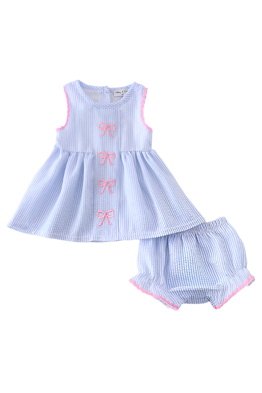 BLUE SEERSUCKER BOW EMBROIDERY BLOOMER SET