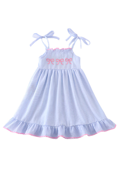 BLUE SEERSUCKER BOW EMBROIDERY DRESS
