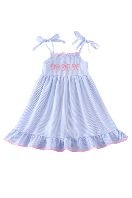 BLUE SEERSUCKER BOW EMBROIDERY DRESS