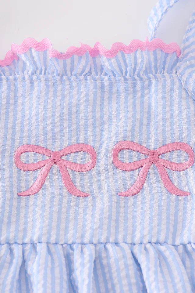 BLUE SEERSUCKER BOW EMBROIDERY DRESS