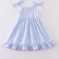 BLUE SEERSUCKER BOW EMBROIDERY DRESS