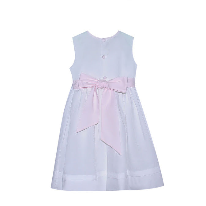 Eloise embroidered dress with pink accent bow back