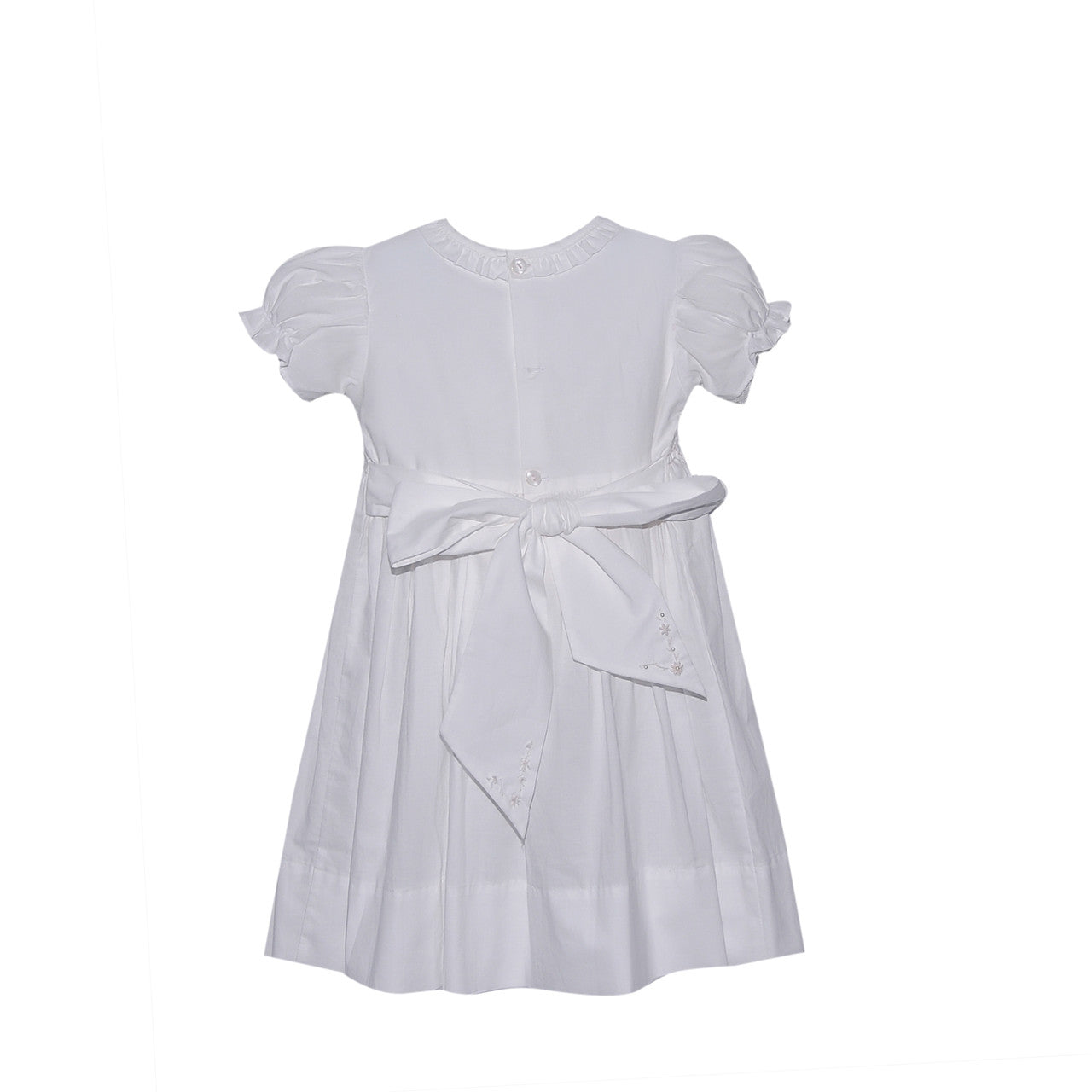 Penelope Handsmocked White Dress with Bow Back and Pearl Accents