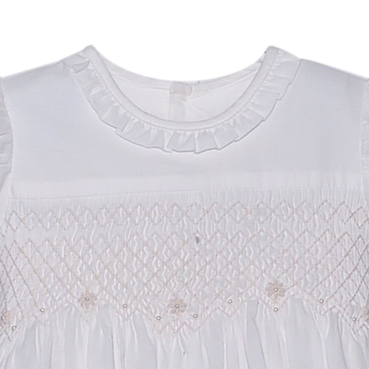 Penelope Handsmocked White Dress with Bow Back and Pearl Accents