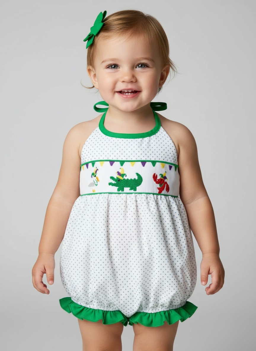 Mardi Gras hand smocked bubble dress with tie neck