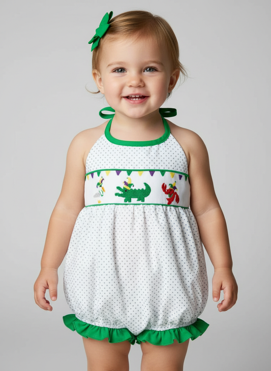 Mardi Gras hand smocked bubble dress with tie neck