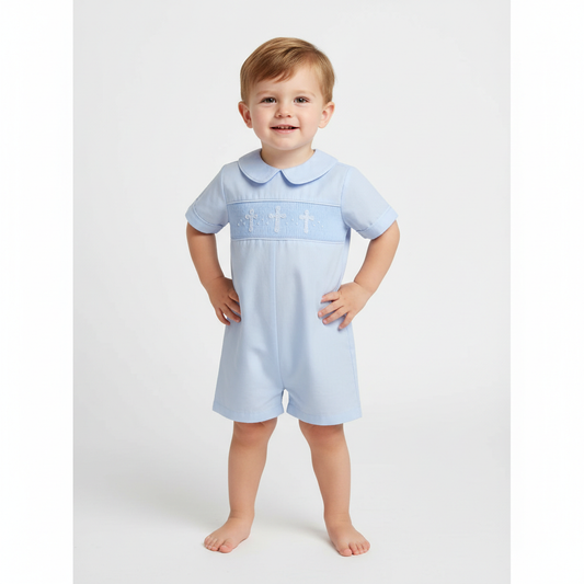 Blue Handsmocked Cross Romper