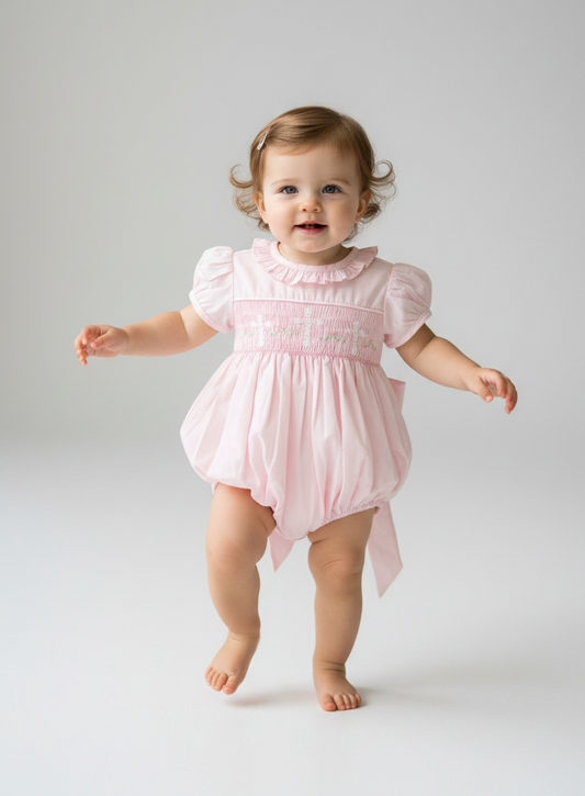 Pink hand smocked cross bubble dress with intricate detailing