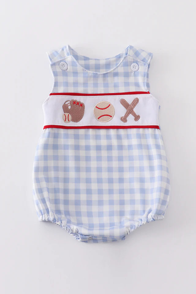 BLUE PLAID BASEBALL EMBROIDERY BOY BUBBLE