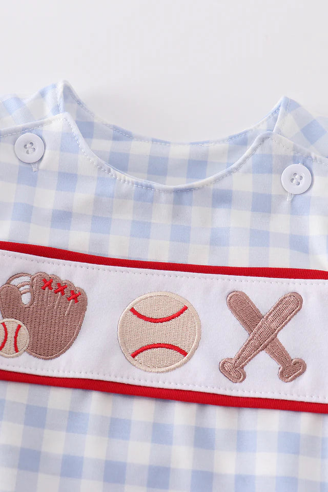 BLUE PLAID BASEBALL EMBROIDERY BOY BUBBLE