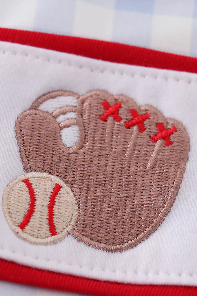 BLUE PLAID BASEBALL EMBROIDERY BOY BUBBLE