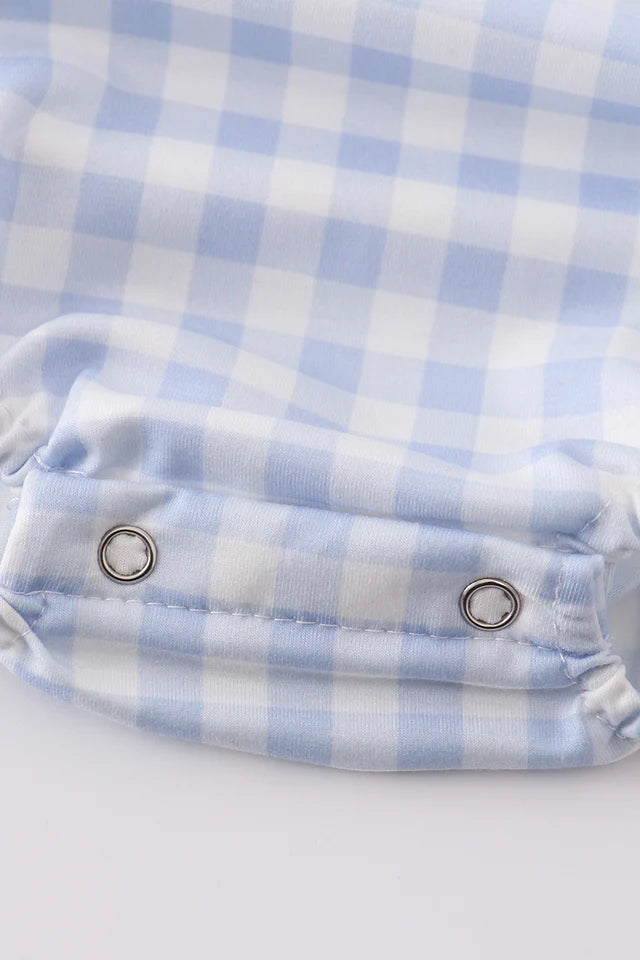 BLUE PLAID BASEBALL EMBROIDERY BOY BUBBLE