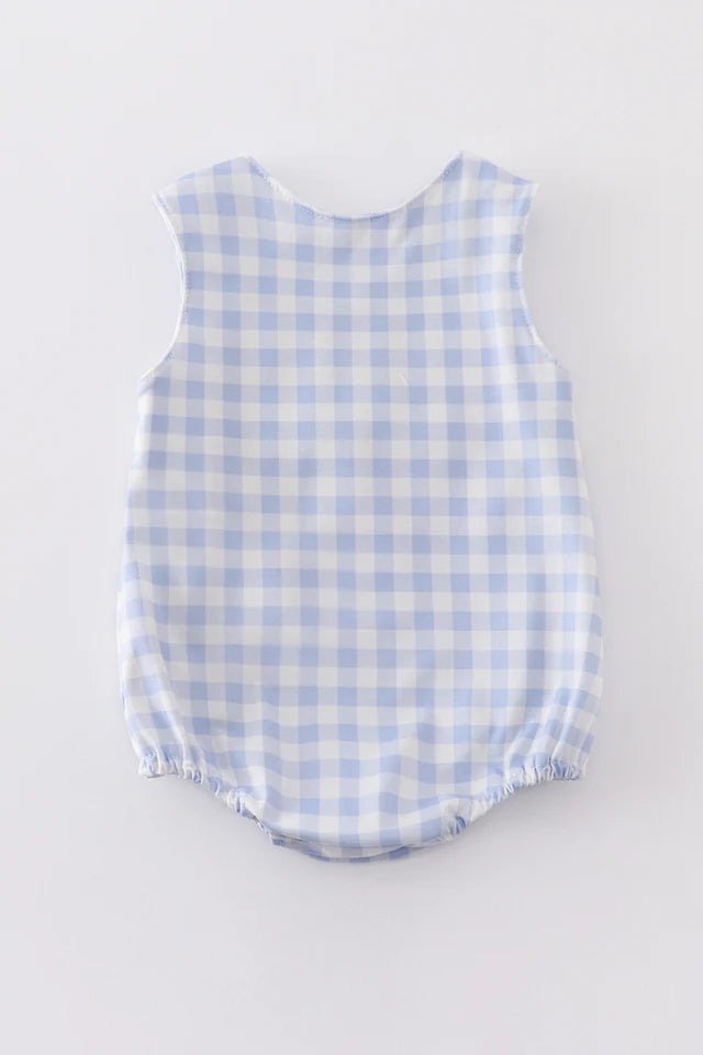 BLUE PLAID BASEBALL EMBROIDERY BOY BUBBLE