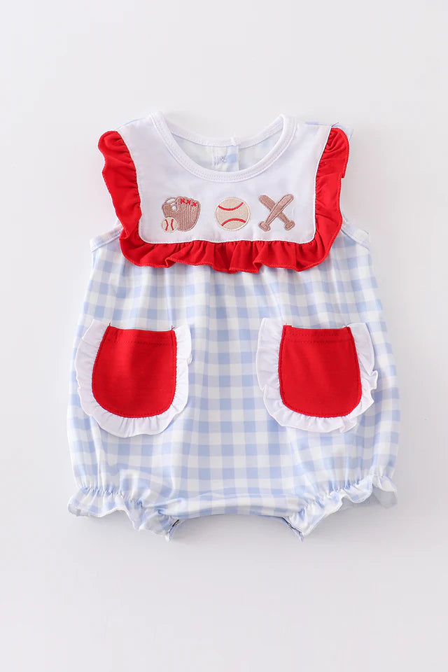 BLUE PLAID BASEBALL EMBROIDERY GIRL BUBBLE