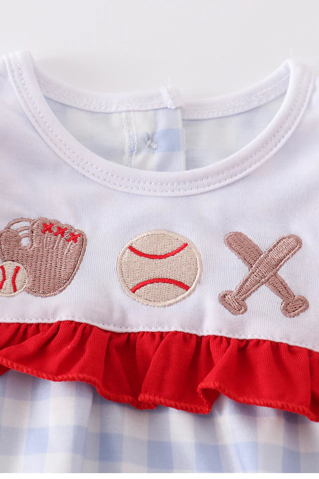 BLUE PLAID BASEBALL EMBROIDERY GIRL BUBBLE