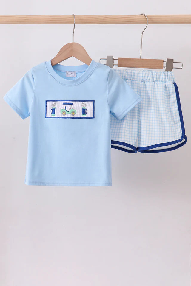 BLUE GOLF CART SMOCKED SHORTS SET