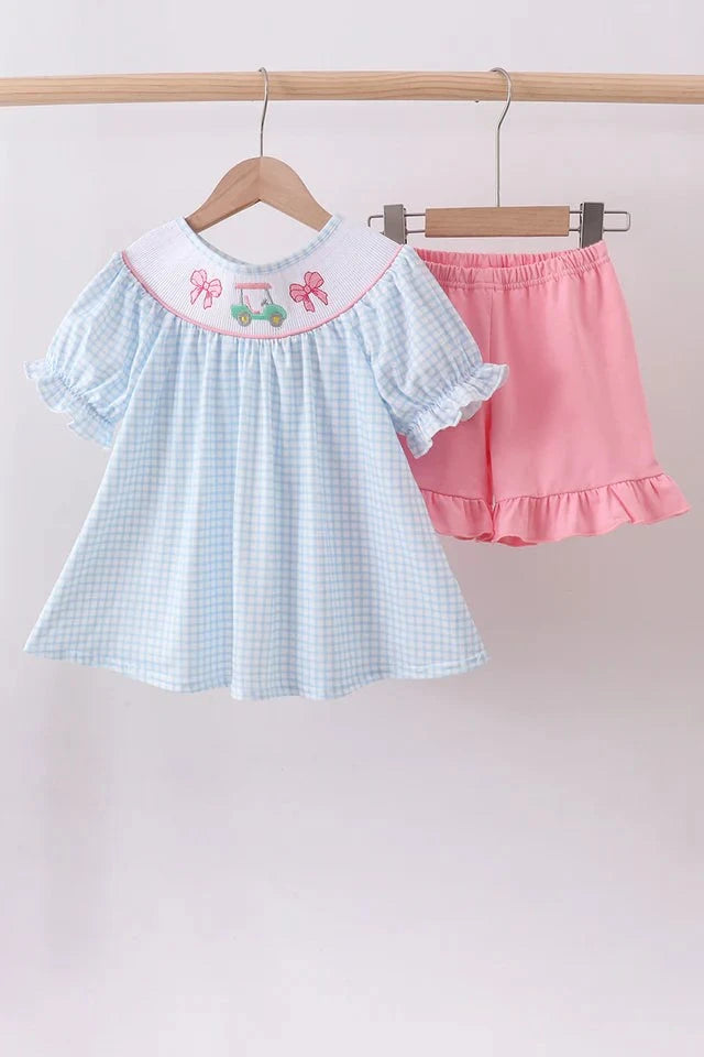BLUE GOLF CART SMOCKED RUFFLE SHORTS SET