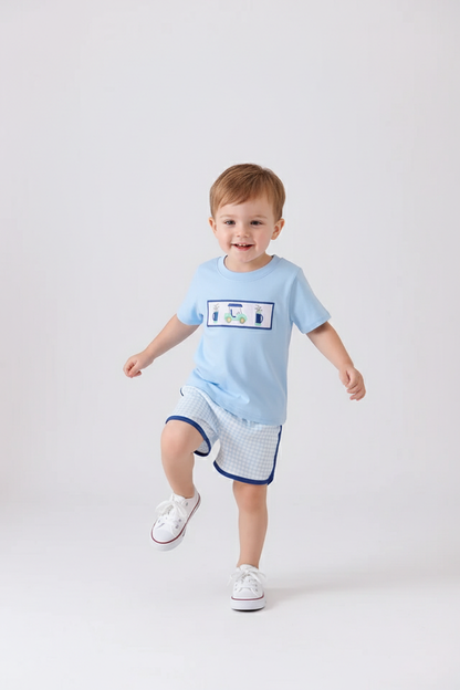 BLUE GOLF CART SMOCKED SHORTS SET