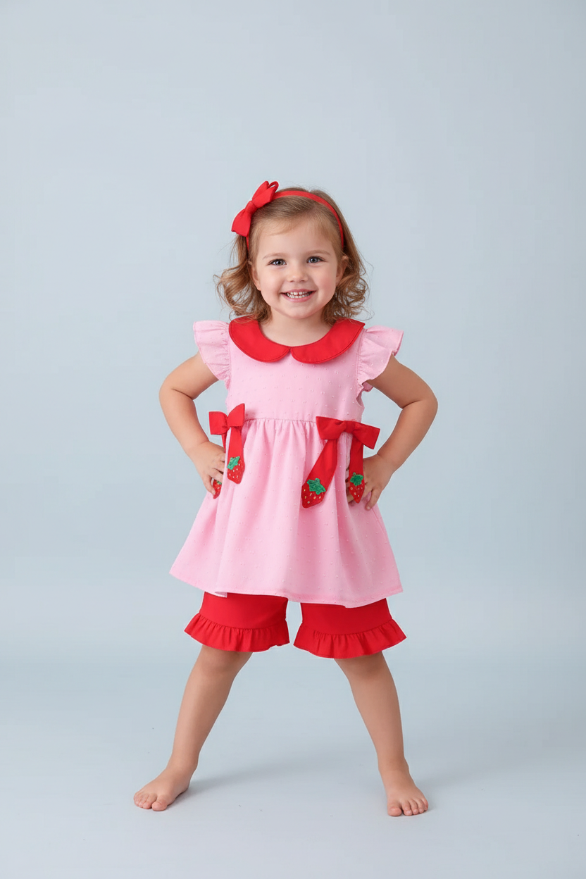 PINK STRAWBERRY SWISS DOT SHORTS SET