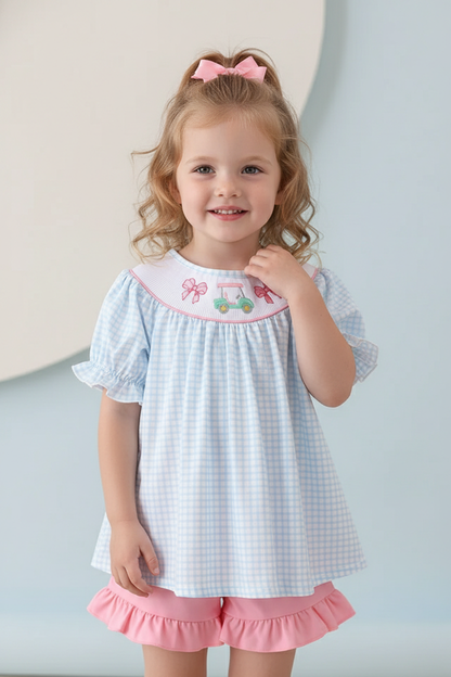 blue golf cart smocked ruffle shorts set with playful golf cart print and ruffled details for kids