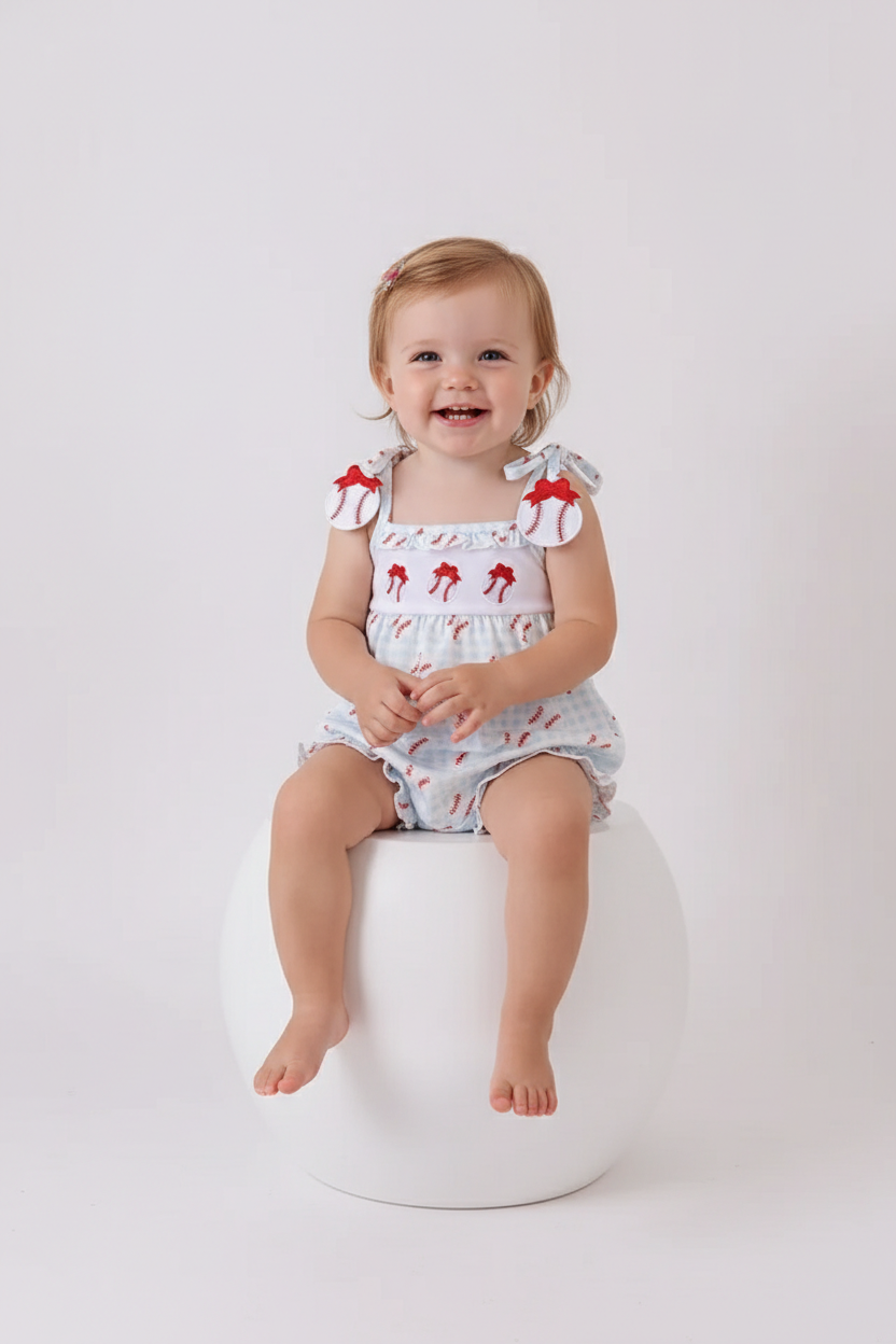 BASEBALL APPLIQUE RUFFLE GINGHAM BUBBLE