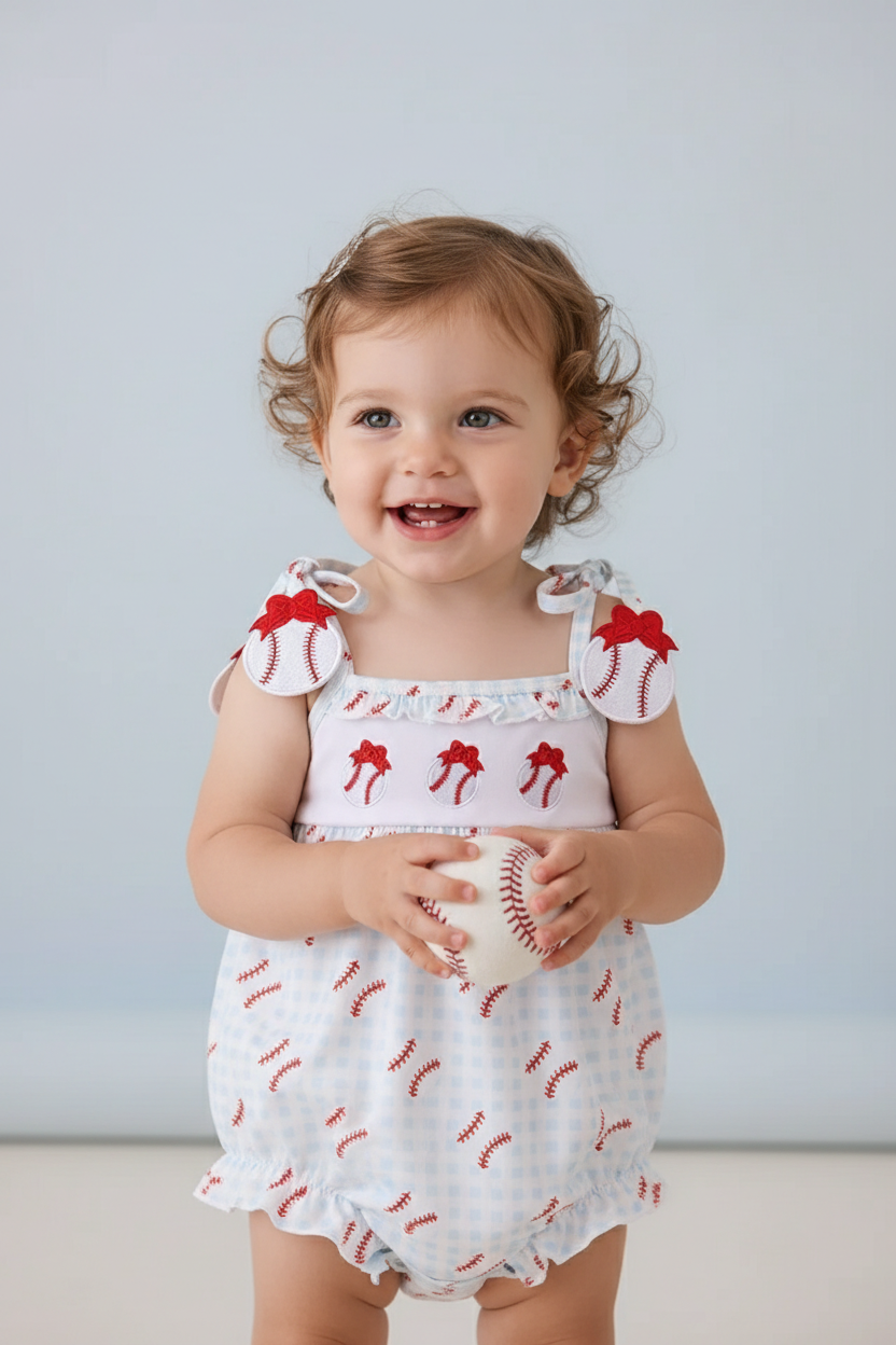 BASEBALL APPLIQUE RUFFLE GINGHAM BUBBLE