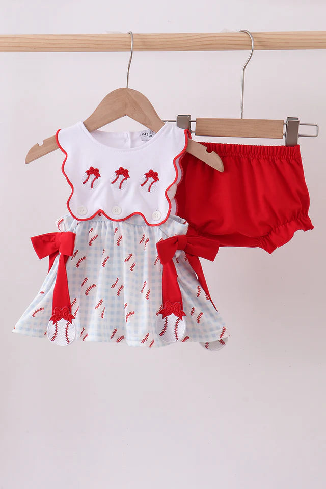 BASEBALL APPLIQUE RUFFLE GINGHAM BLOOMER SET