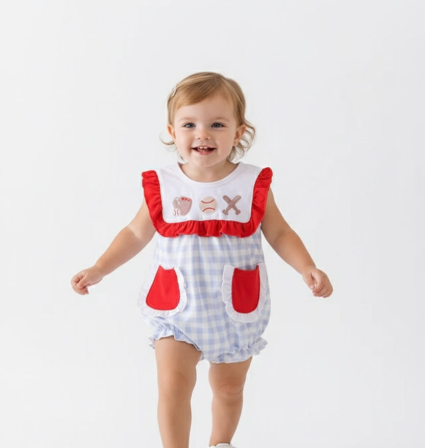 BLUE PLAID BASEBALL EMBROIDERY GIRL BUBBLE
