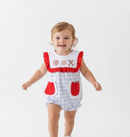 BLUE PLAID BASEBALL EMBROIDERY GIRL BUBBLE
