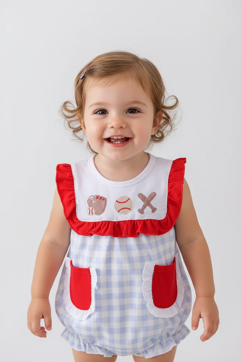BLUE PLAID BASEBALL EMBROIDERY GIRL BUBBLE