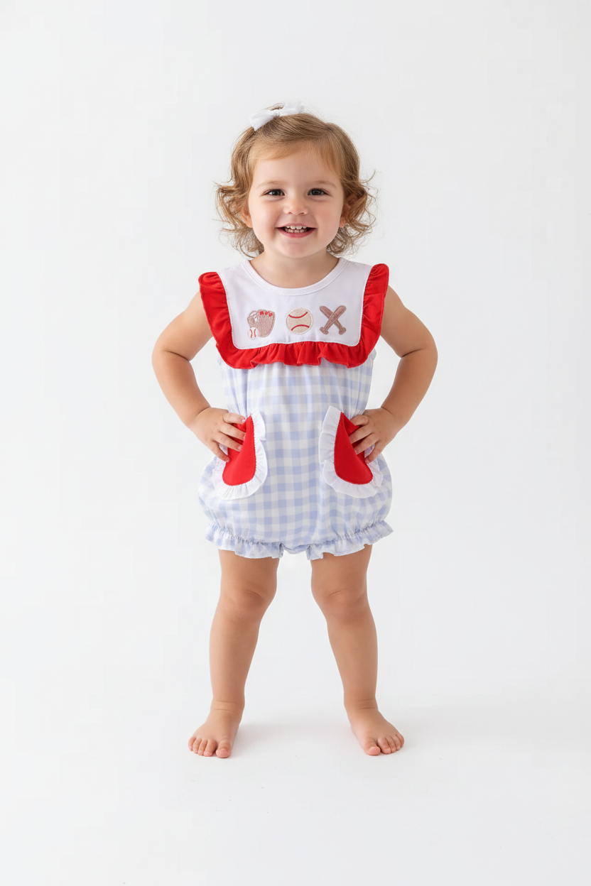BLUE PLAID BASEBALL EMBROIDERY GIRL BUBBLE